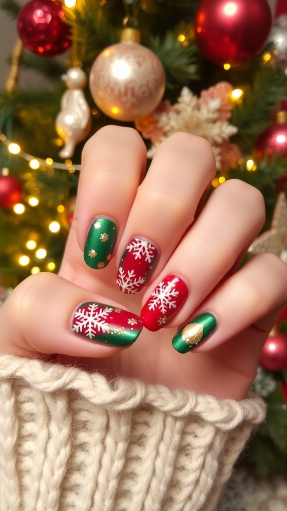 Vintage Christmas nail art with red, green, and gold designs, featuring snowflakes and ornaments.
